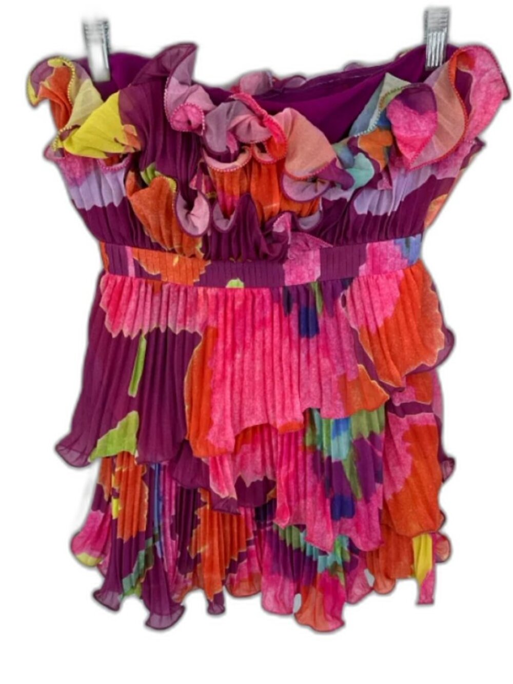 AMUR Massie Strapless Mini Dress Size 4 Purple Floral Pleated Ruffle A-Line - Picture 14 of 14